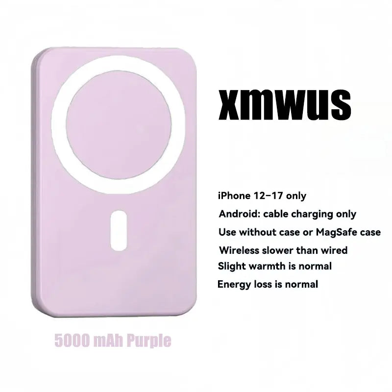 XMWUS 5000Mah Magnetic Portable Power Bank, Wireless Mobile Device Charging Battery Pack for Iphone 12-18 Series, Magsafe Case Compatible Compact Travel Charger