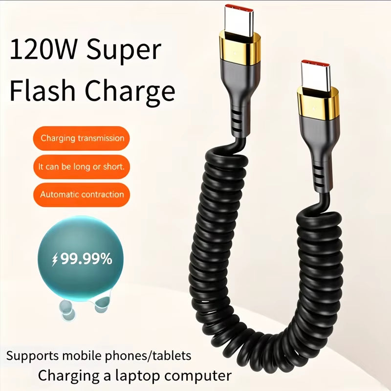 Câble Rétractable USB-C Vers USB-C À Charge Rapide PD 120W, Compatible Avec Les Appareils À Charge Rapide Iphone 16/17, Xiaomi Et Samsung