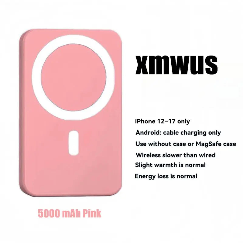 XMWUS 5000Mah Magnetic Portable Power Bank, Wireless Mobile Device Charging Battery Pack for Iphone 12-18 Series, Magsafe Case Compatible Compact Travel Charger