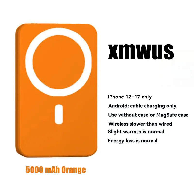 XMWUS 5000Mah Magnetic Portable Power Bank, Wireless Mobile Device Charging Battery Pack for Iphone 12-18 Series, Magsafe Case Compatible Compact Travel Charger