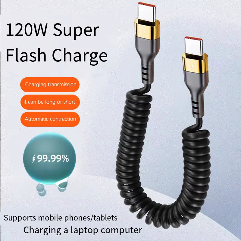Câble Rétractable USB-C Vers USB-C À Charge Rapide PD 120W, Compatible Avec Les Appareils À Charge Rapide Iphone 16/17, Xiaomi Et Samsung