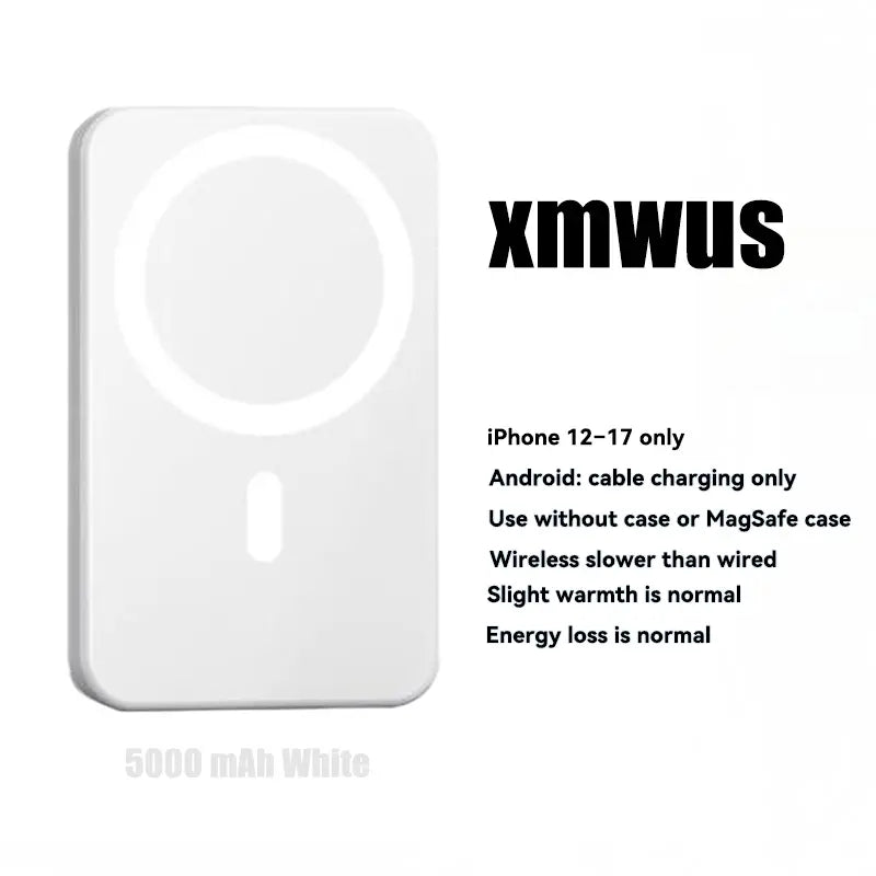 XMWUS 5000Mah Magnetic Portable Power Bank, Wireless Mobile Device Charging Battery Pack for Iphone 12-18 Series, Magsafe Case Compatible Compact Travel Charger