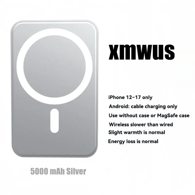 XMWUS 5000Mah Magnetic Portable Power Bank, Wireless Mobile Device Charging Battery Pack for Iphone 12-18 Series, Magsafe Case Compatible Compact Travel Charger